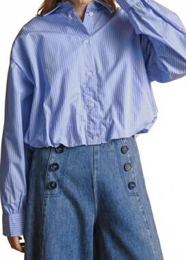 NEW MIOU MUSE bubble hem button down striped top in blue